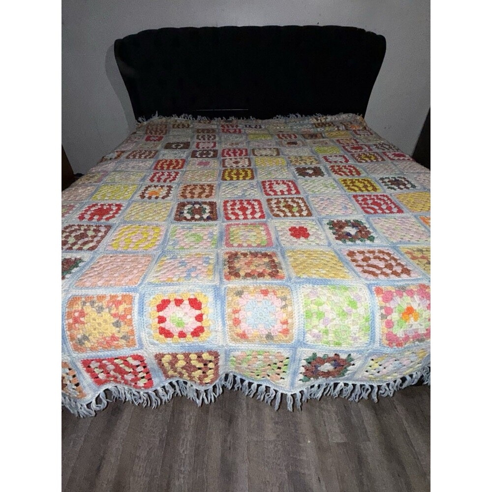 Vintage Granny Square Crochet Blanket King Size Boho Afghan Multi Color Fringed